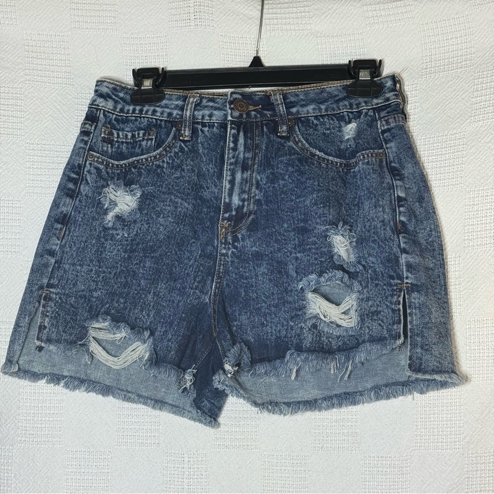 YMI Womens Shorts 7/28 Blue Dream Authentic‎ Denim Dark Wash High Rise Distress